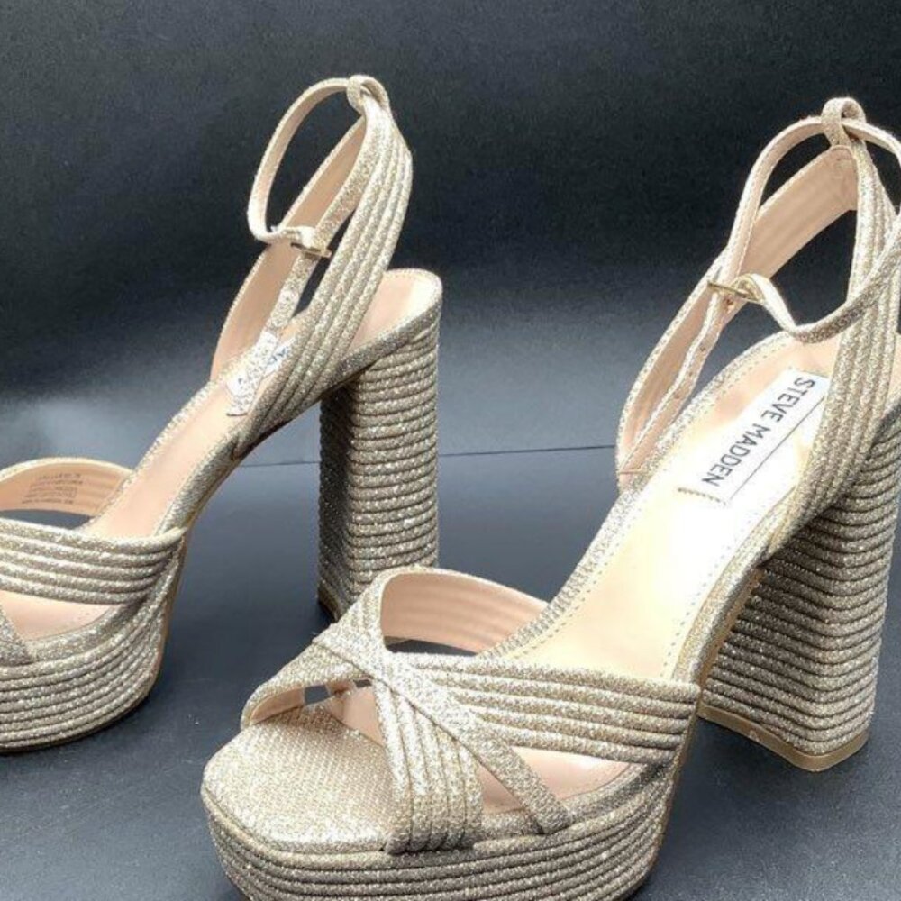 Steve Madden Laurel Gold Metallic Corded Platform High Heel Sandal. Size 7